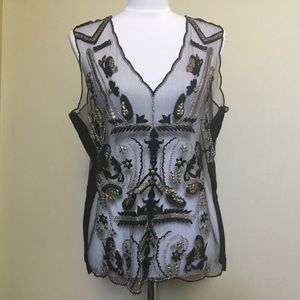 GIMMICKS black sheer gold studded embroider top L